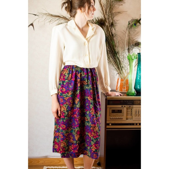 Vintage 80s Autumn Fall Cottagecore Floral Cream Secretary Midi Dress, M… - Picture 7 of 10